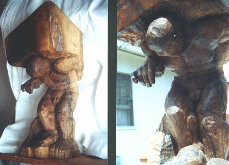 Sculpture: Sisyphus, carved of walnut root 54cm x 22cm x 22cm (22in x 9in x 9in). 